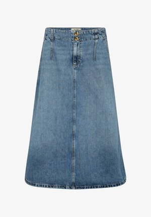 Modra denim krilo do kolen z sprednjim šivom, dvema zlatima gumboma in subtilnim šivom na sprednjih žepih.