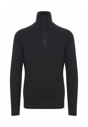 Schwarzer gerippter Strickpullover mit hohem Kragen und drei Knöpfen. Besitzt lange Ärmel und eine figurbetonte Passform. Weiche Textur, ohne Muster.