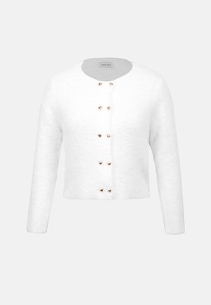 Cardigan blanc duveteux avec col rond, manches longues et six boutons en forme de cœur dorés sur le devant. Texture douce et coupe courte.