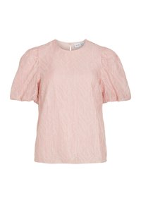 Bluse med pufærmer i blød lyserød stof, der har et tekstureret design med subtile mønstre og en nøglehulslukning bagpå.