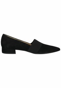 Scarpa slip-on in suede nero con punta affusolata e fascia elastica sulla parte superiore. Tacco basso e a blocco per stabilità e comfort.