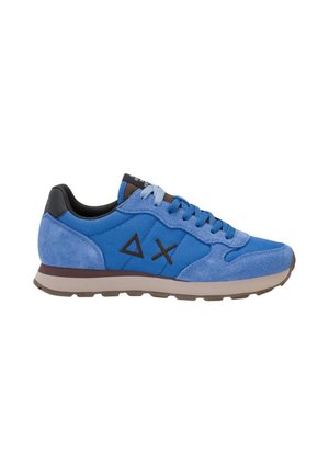 Blue suede and fabric sneaker with light blue laces, black interior, and brown sole featuring triangle and X symbols on the side.
