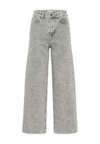 Vysoké šedé džíny s širokými nohavicemi a jemným tmavým skvrnitým vzorem, zapínání na knoflík a zip v přední části, a design pěti kapes.