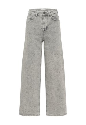 Vysoké šedé džíny s širokými nohavicemi a jemným tmavým skvrnitým vzorem, zapínání na knoflík a zip v přední části, a design pěti kapes.