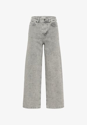 Augstas jostas platās kājas pelēkas džinses ar smalku tumšo plankumu rakstu, priekšējā pogu un rāvējslēdzēja aizdare un piecu kabatu dizains.