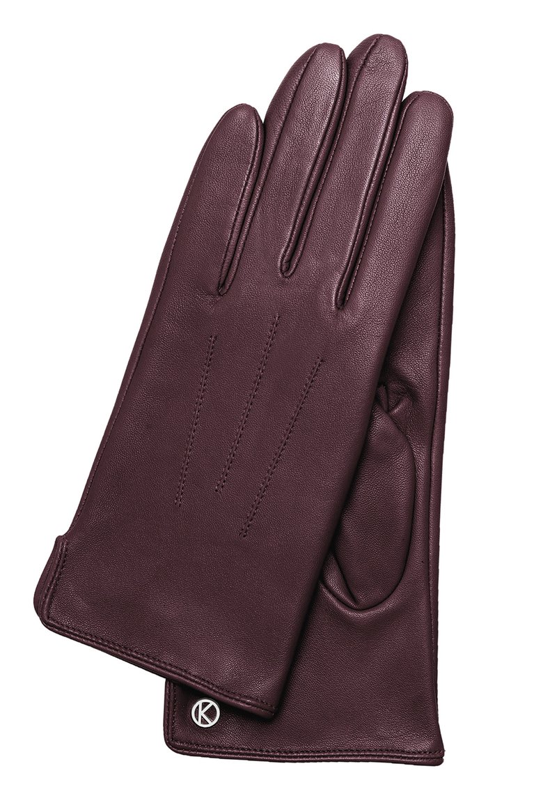Gants en cuir bordeaux avec trois coutures sur le dos, texture douce et logo circulaire sur le poignet. Design classique.