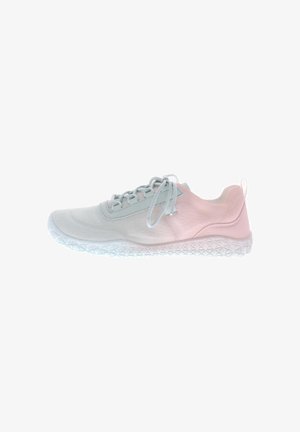 Light gray and pink athletic sneaker with white textured sole and tied laces, shown in side profile on white background.