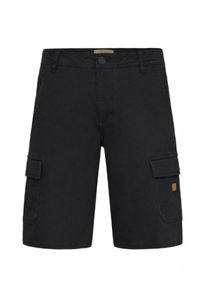 Black cargo shorts made from durable fabric, featuring two side pockets, one flap pocket, and a brown logo patch on the front.