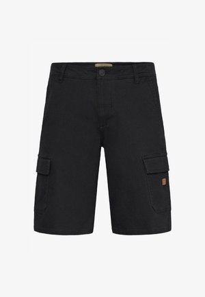 Black cargo shorts made from durable fabric, featuring two side pockets, one flap pocket, and a brown logo patch on the front.