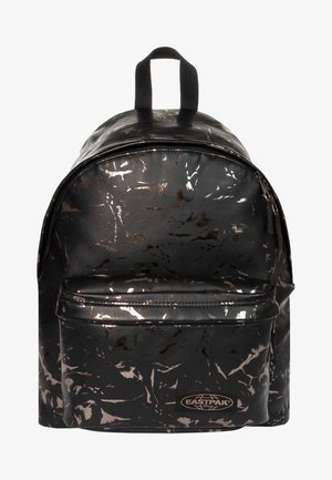 Black backpack with metallic swirl pattern, made from synthetic material. Features a single compartment and front zip pocket.