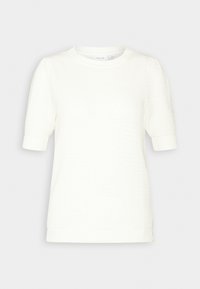 Baltos trumpomis rankovėmis megztas sv sweatersu su tekstūruotu raštu, apvalia iškirpte ir elastingais rankogaliais bei apačia. Lengvas audinys, kasdieniškas dizainas.