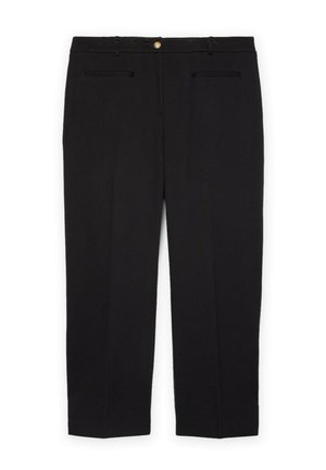 Schwarze formelle Hosen mit einem Knopfverschluss, Gürtelschlaufen und zwei vorderen Paspeltaschen, flach auf einem weißen Hintergrund gelegen.