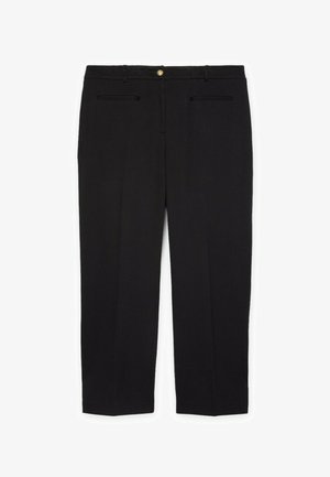 Pantaloni formali negri cu închidere buton, bucle pentru curea și două buzunare frontale cu tăietură, așezați plat pe un fundal alb.