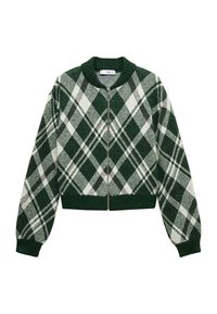 Cardigan tricot à carreaux verts et blancs avec un col arrondi, une fermeture éclair à l'avant et des poignets côtelés. Longueur courte avec une texture douce.