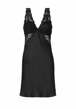 Black satin nightgown with lace trim. Features a delicate V-neck and adjustable straps. Smooth texture, fitted silhouette, and lace side accents.