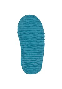 Niebieska gumowa podeszwa buta z fakturowanym falistym wzorem zapewniającym dobrą przyczepność. Okrągły obcas i zaokrąglony przód buta. Gładkie krawędzie bez dodatkowych akcentów.