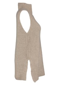 Gilet sans manches en maille côtelée beige avec un col montant et une fente asymétrique sur un côté de l'ourlet.