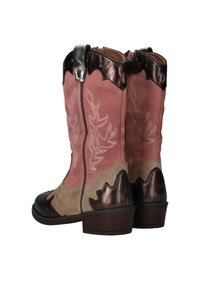 Roze en beige westerse laarzen met metallic accenten, bloemmotieven en een zwarte neus. Beschikken over een middenhoogte hak en contrasterende texturen.