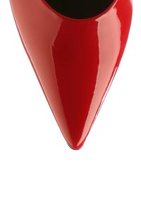 Red patent leather high-heeled shoe with a pointed toe and smooth, glossy finish, featuring a classic, sleek silhouette.