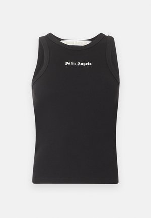 Maiou negru fără mâneci, cu dungi, logo text „Palm Angels” alb pe piept și decolteu rotund.