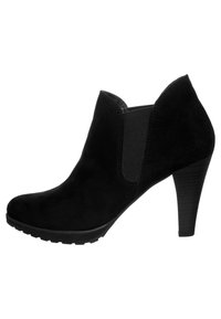 Bota de ante negra hasta el tobillo con punta redonda, paneles laterales elásticos y tacón texturizado. La suela tiene tracción para mayor agarre.