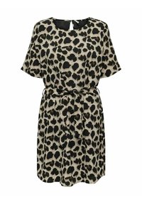 Leopardenmuster Kleid in Beige und Schwarz, lockere Passform, kurze Ärmel, taillierter Gürtel, strukturierter Stoff, runder Halsausschnitt, Ausschnitt-Detail am Rücken.