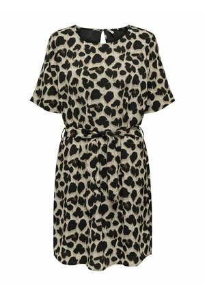 Robe en imprimé léopard beige et noir, coupe décontractée, manches courtes, taille cintrée, tissu texturé, col rond, détail dos en trou de serrure.