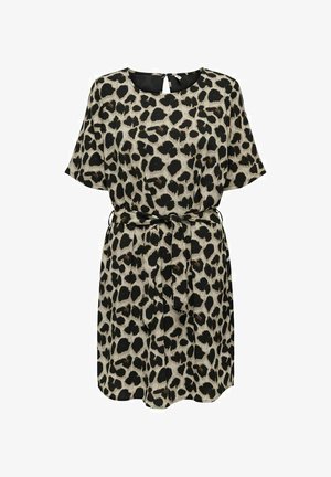 Beige ja musta leopardimustriga kleit, lõdva lõikega, lühikeste varrukatega, vöökoht, tekstureeritud kangas, ümmargune kaelus, võtmeaugu selja detail.