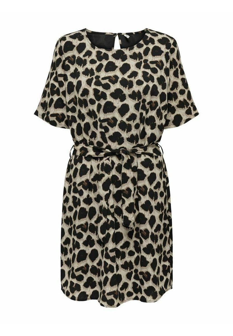 Leopardenmuster Kleid in Beige und Schwarz, lockere Passform, kurze Ärmel, taillierter Gürtel, strukturierter Stoff, runder Halsausschnitt, Ausschnitt-Detail am Rücken.