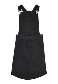 Sorte denim overallkjole med justerbare stropper, forlommer og lige snit. Glat tekstur med metalhardware.