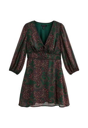 Vestido verde con un patrón de cachemira en púrpura y dorado. Presenta un escote en V, cintura elástica y mangas abullonadas. Tela ligera.