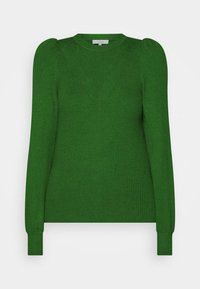 Zielony dzianinowy sweter o luźnym kroju, żebrowej fakturze, dekolcie w kształcie V i bufiastej długości rękawów. Posiada długie rękawy i jednolity kolor.