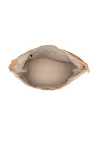 Velika bež torba z gladko zunanjostjo, odprtim vrhom in kremasto podlogo notranjosti. Ima zadrgo za zapiranje in en notranji žep.