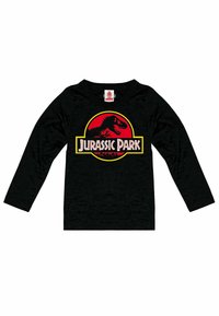 Schwarzes Langarmshirt mit einem roten und gelben Jurassic Park-Logo, einem Dinosaurier-Graphic und einer glatten, baumwollähnlichen Textur.
