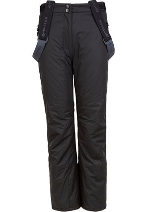 Pantalon de neige isolé noir avec bretelles réglables et panneaux renforcés aux genoux et aux chevilles pour les sports d'hiver.