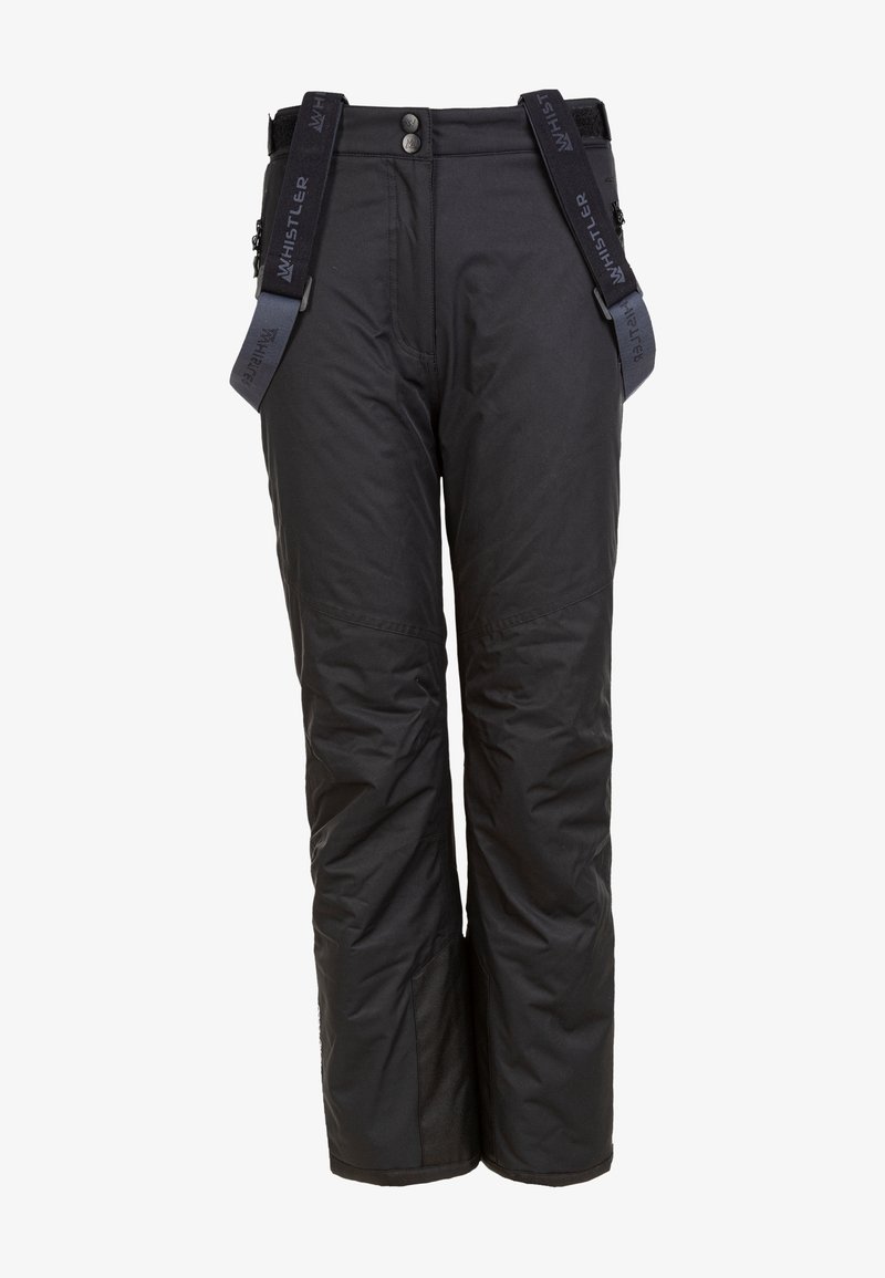 Pantalon de neige isolé noir avec bretelles réglables et panneaux renforcés aux genoux et aux chevilles pour les sports d'hiver.
