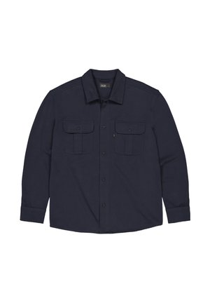Marineblauw overhemd met lange mouwen en knoopsluiting, voorzien van twee borstzakken met knopen en een klassieke kraag, plat gelegd op een witte achtergrond.