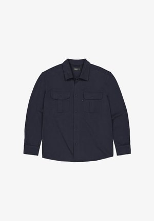 Marineblaue Langarm-Hemd mit Knopfleiste, zwei Knopf-Brusttaschen und klassischem Kragen, flach auf weißem Hintergrund ausgebreitet.