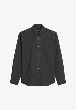 Ciemnoszara koszula z długim rękawem, z kołnierzykiem typu button-down, kieszenią z przodu i zapięciem na guziki. Wykonana z fakturowanej tkaniny.