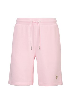 Hellrosa lässige Shorts mit elastischem Bund und Kordelzug, mit einem kleinen bestickten Logo nahe dem Saum am linken Bein.