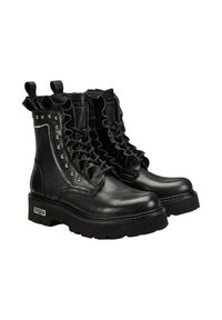 Stivali da combattimento in pelle nera con bordo superiore arricciato, zip laterale, borchie decorative e suola platform spessa.