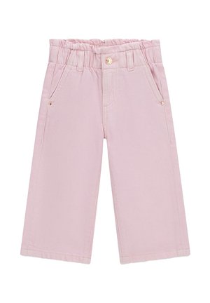 Pantaloni larghi rosa chiaro per bambini piccoli con vita elasticizzata, bottone frontale, passanti per cintura e tasche laterali su sfondo bianco.
