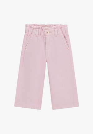 Pantaloni larghi rosa chiaro per bambini piccoli con vita elasticizzata, bottone frontale, passanti per cintura e tasche laterali su sfondo bianco.