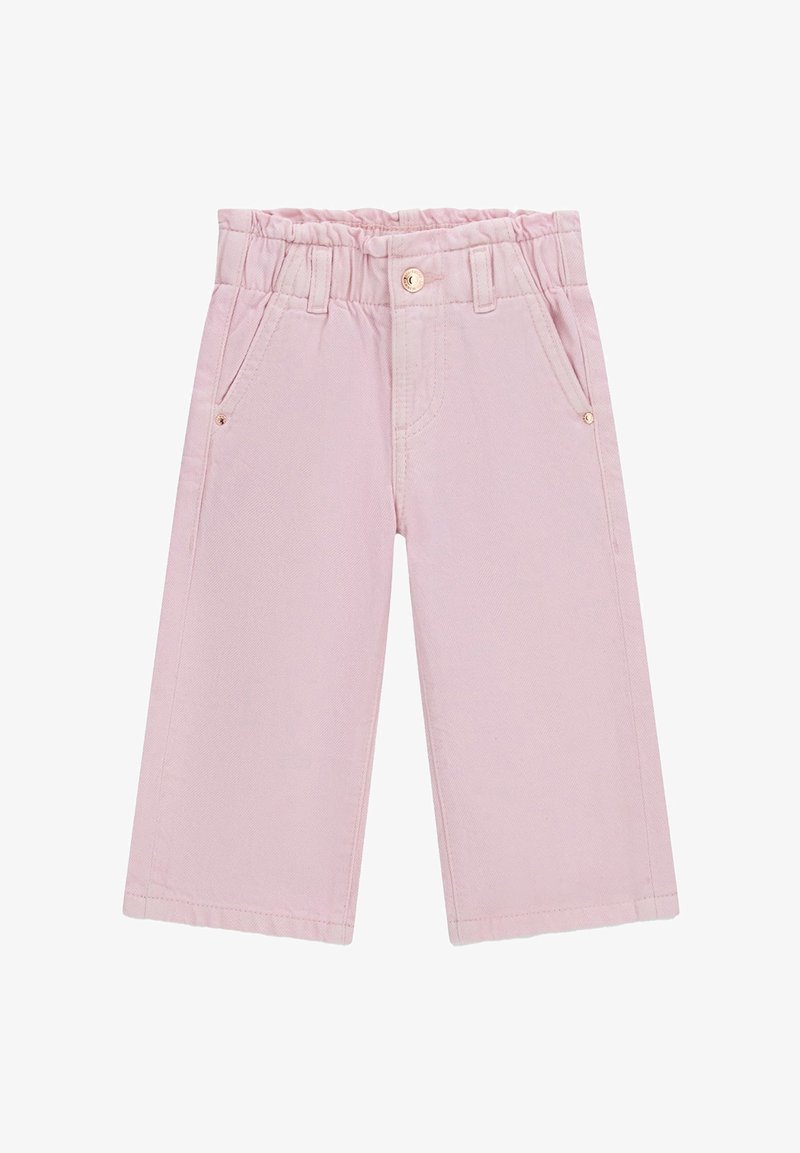 Pantaloni larghi rosa chiaro per bambini piccoli con vita elasticizzata, bottone frontale, passanti per cintura e tasche laterali su sfondo bianco.