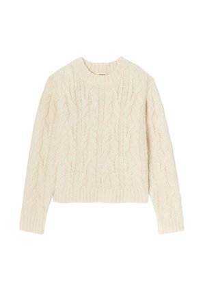 Pull en tricot cable blanc cassé avec un col rond, des manches longues et un ourlet côtelé. Présente des motifs texturés sur l'ensemble du corps.