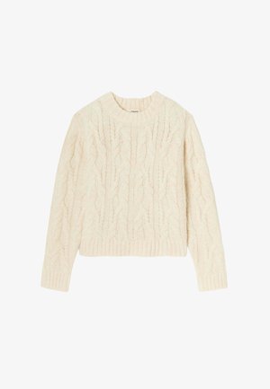 Pull en tricot cable blanc cassé avec un col rond, des manches longues et un ourlet côtelé. Présente des motifs texturés sur l'ensemble du corps.