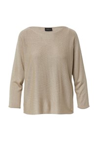 Beiges Langarm-Pullover mit einem gemütlichen, strukturierten Strickdesign. Verfügt über einen weiten Ausschnitt und ein kleines Logo-Detail an der unteren Seite.