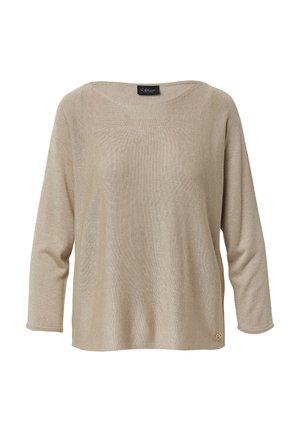 Beiges Langarm-Pullover mit einem gemütlichen, strukturierten Strickdesign. Verfügt über einen weiten Ausschnitt und ein kleines Logo-Detail an der unteren Seite.