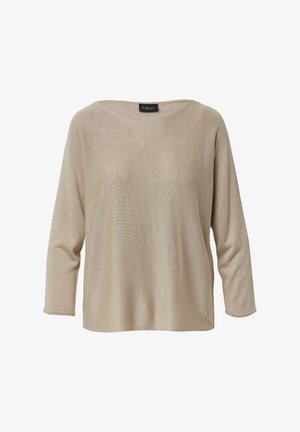Pull en laine beige à manches longues avec un design tricoté texturé et confortable. Il présente un large col et un petit logo sur le côté inférieur.
