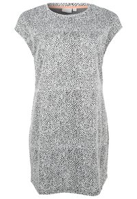 Robe blanche sans manches avec encolure ronde et motif abstrait en zigzag noir, coupe ample, longueur genou.